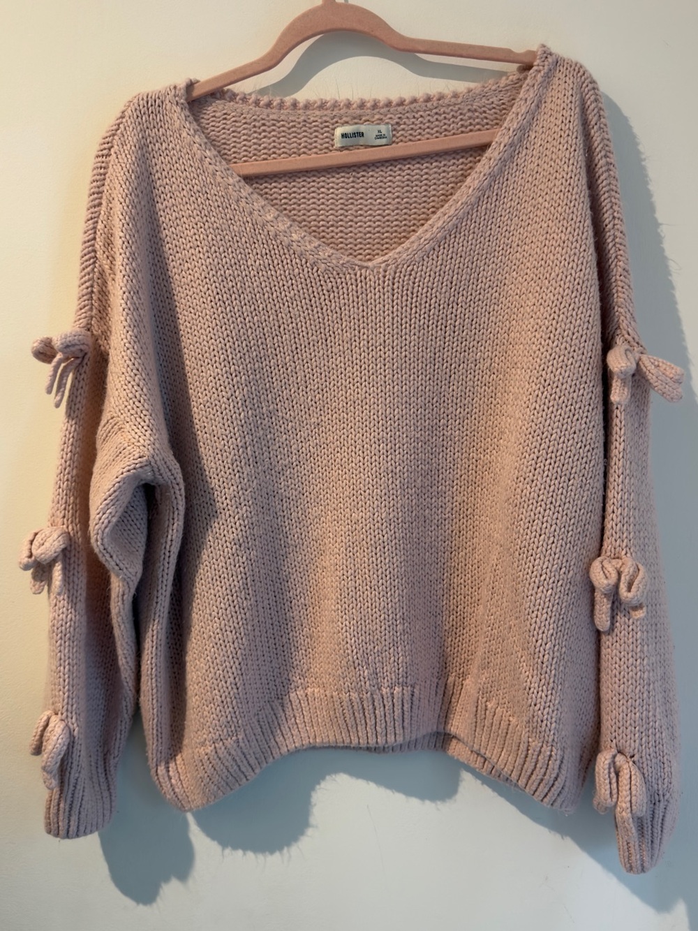 Hollister Pastel Pink V-Neck Sweater with Sleeve Bows - Picture 2 of 5